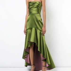 Marchesa Notte Green Fluted Asymmetric-Hem Gown
